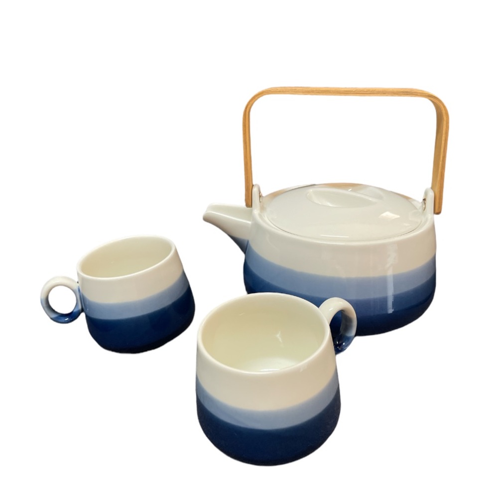 Crate & Barrel Blue Stripped Teapot and Cups Set - Picture 2 of 14